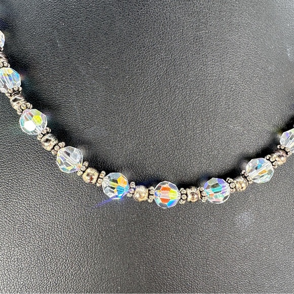Vintage Aurora Borealis Glass Bead Necklace Sterling Silver Clasp, Spacer Beads - Picture 5 of 10